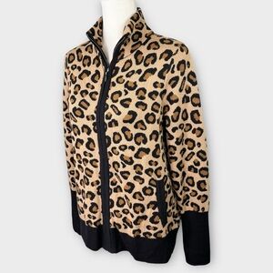 Rachel Zoe Tan & Black Leopard Print Sweater Jacket M Full-Zip Cardigan Sweater